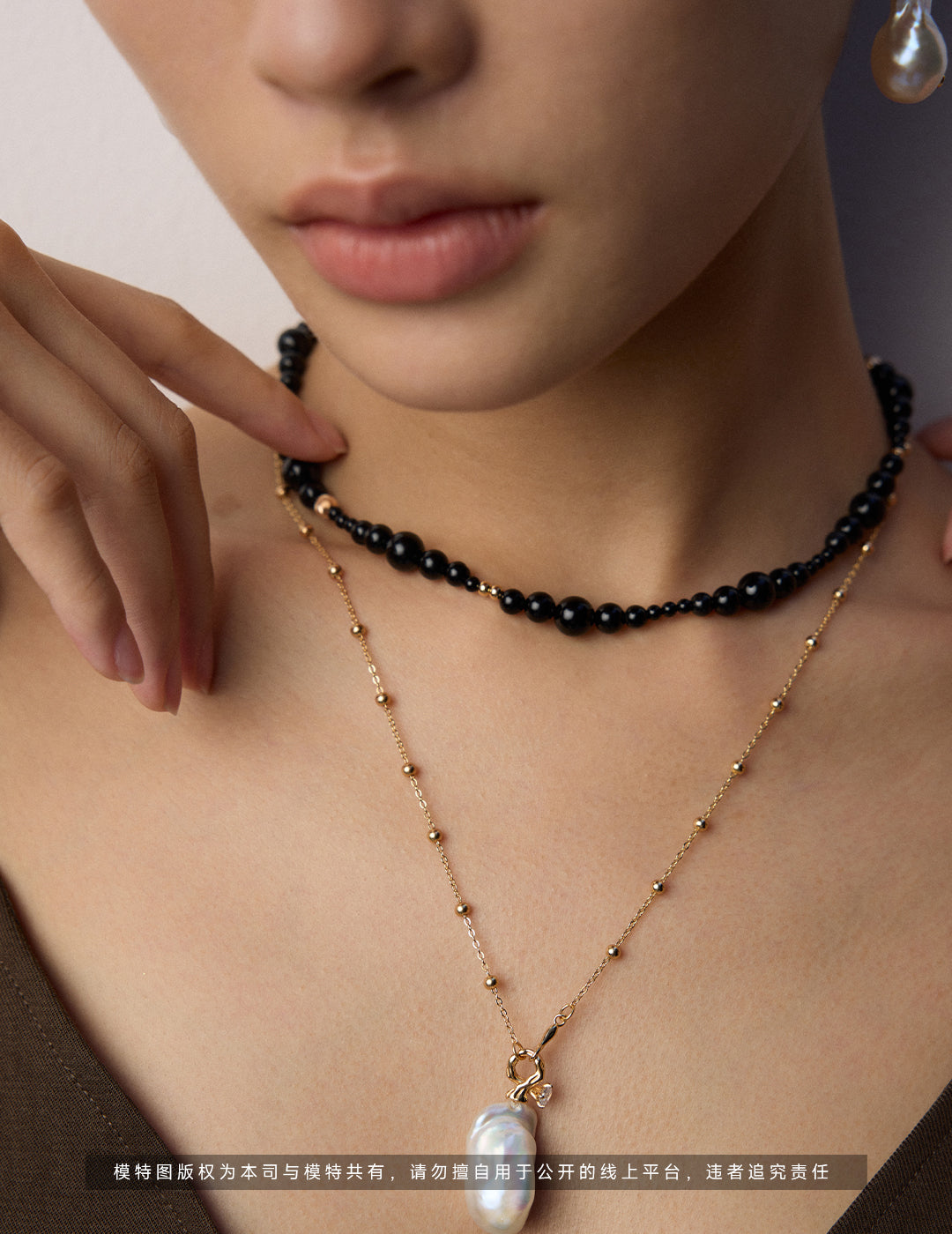 Black Agate Beaded Necklace - S925 Sterling Silver