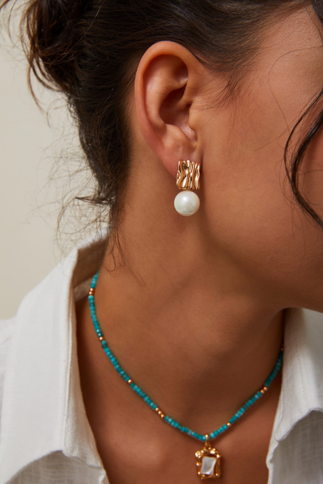 Textured Folded Metal Pearl Earrings - S925 Sterling Silver